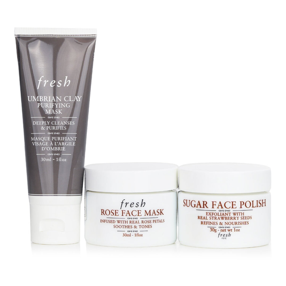 Fresh Do It All Face Mask Trio Set featuring Umbrian Clay, Sugar Face Polish, and Rose Face Mask for diverse skincare needs.