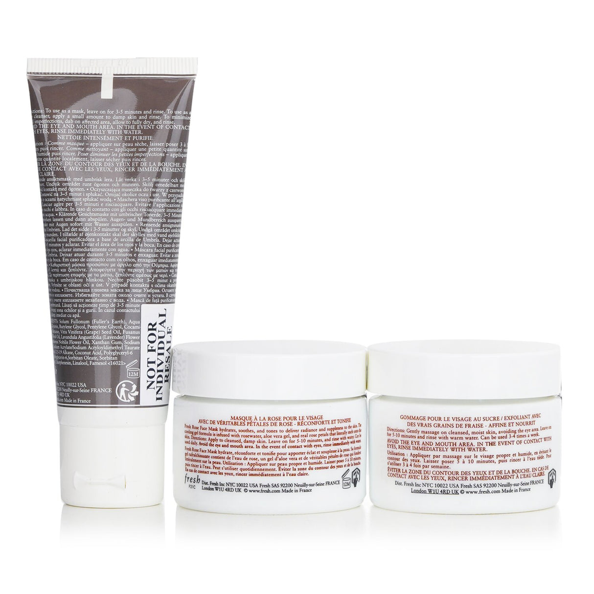 "Fresh Do It All Face Mask Trio Set includes three masks: Umbrian Clay, Sugar Face Polish, and Rose for diverse skin needs."