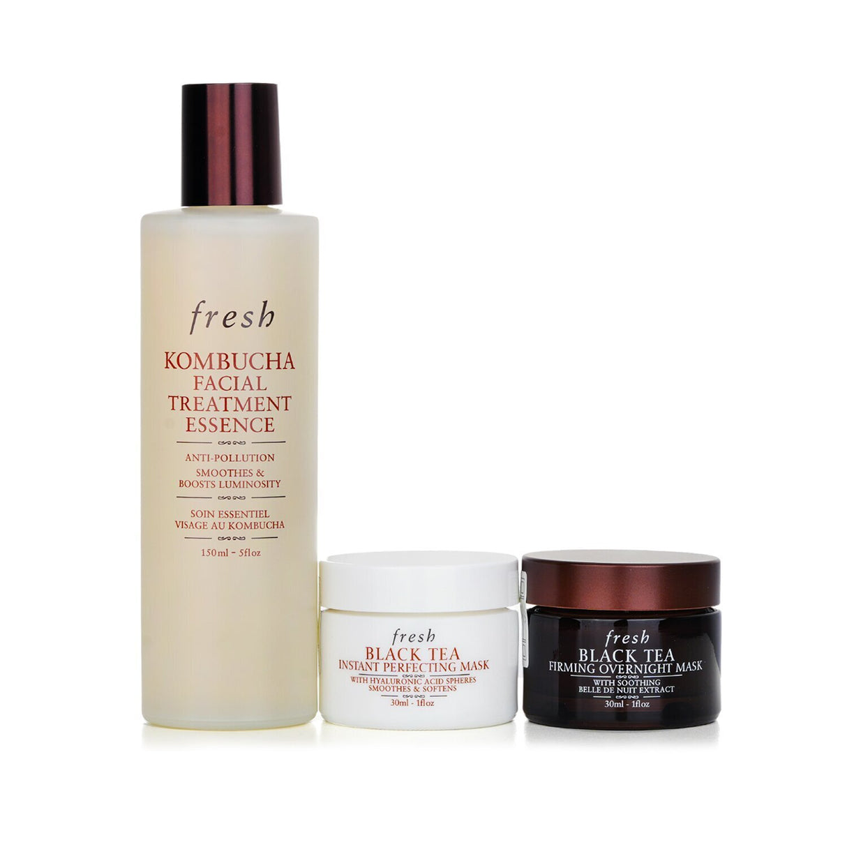 Fresh Antioxidant Power Trio Set featuring Kombucha Essence, Black Tea Instant Mask, and Firming Overnight Mask for glowing skin.