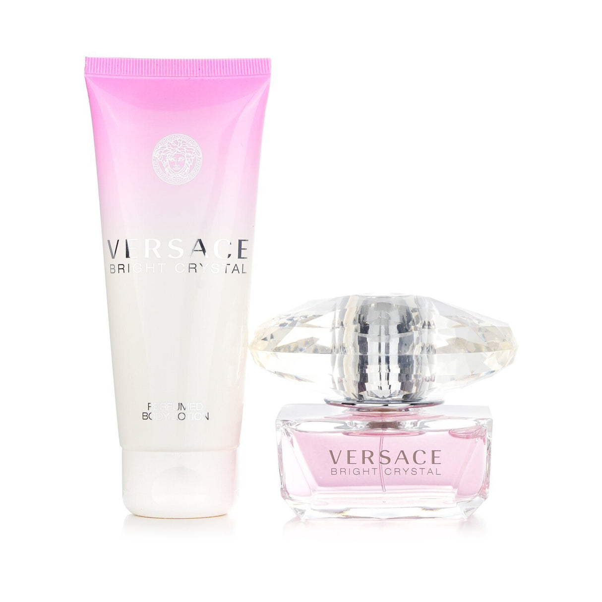 Versace Bright Crystal Travel Set featuring 50ml Eau De Toilette and 100ml Body Lotion, exuding floral, fruity elegance.