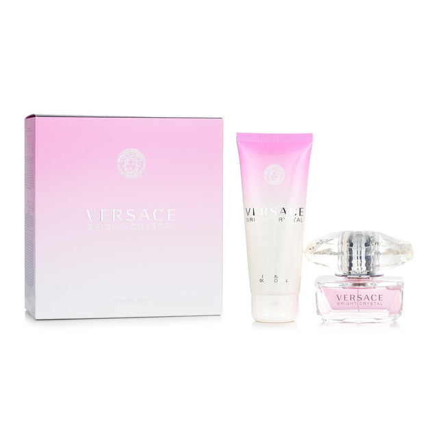 Versace Bright Crystal Travel Set featuring 50ml Eau De Toilette and 100ml Perfume Body Lotion for a luxurious fragrance experience.