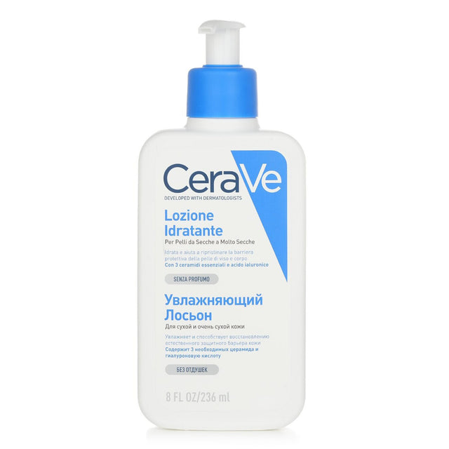 CeraVe Moisturising Lotion, lightweight and non-greasy, hydrates dry skin with MVE Technology and essential ceramides.