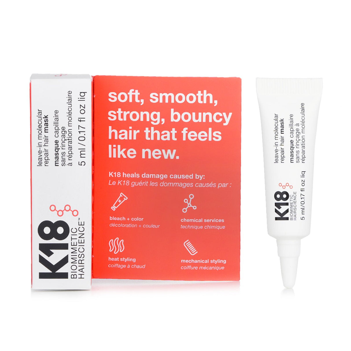 K18 Leave-In Molecular Repair Hair Mask in 5ml offers intense repair for damaged hair, restoring strength and smoothness quickly.