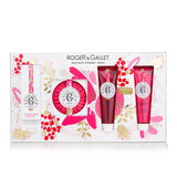 Luxurious 4-piece Roger & Gallet Gingembre Rouge coffret with ginger-scented body care products for revitalizing self-pampering.