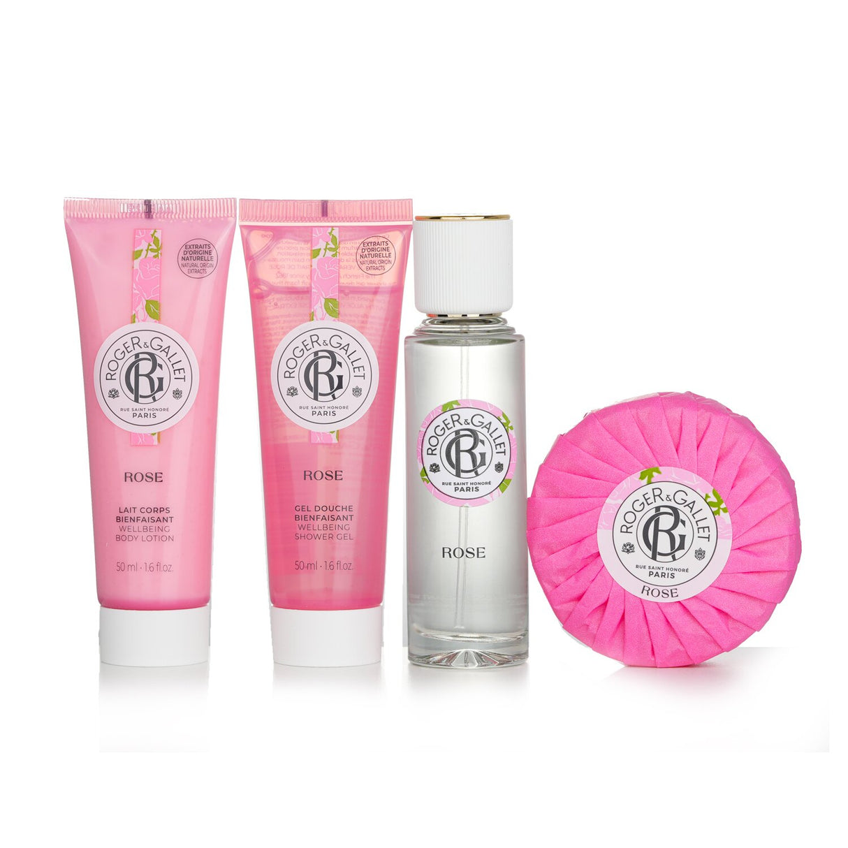 Luxurious Roger & Gallet Rose Coffret with fragrant water, soap, shower gel, and body lotion for elegant self-care.