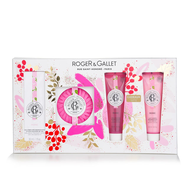 Luxurious Roger & Gallet Rose Coffret with 4 floral-scented skincare products for pampering or gifting.