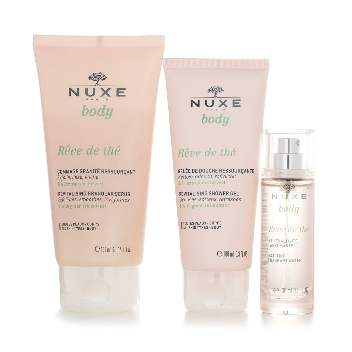 Nuxe Revitalising Dream 2022 Set featuring Exalting Fragrant Water, Revitalising Shower Gel, and Body Scrub for rejuvenating self-care.