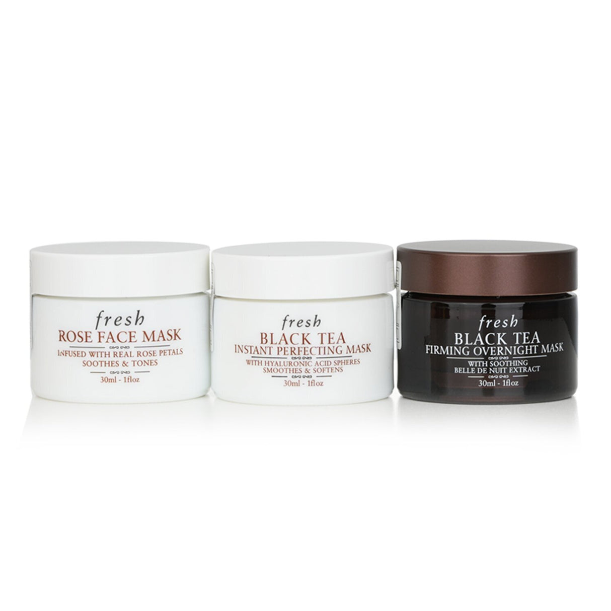 Mini Face Mask Trio Set featuring Rose, Black Tea Overnight, and Instant Perfecting masks in convenient 30ml sizes for skincare on-the-go.