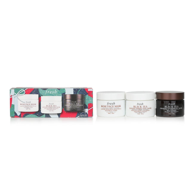 Mini Face Mask Trio Set featuring Rose, Black Tea Firming, and Instant Perfecting Masks, perfect for skincare enthusiasts.