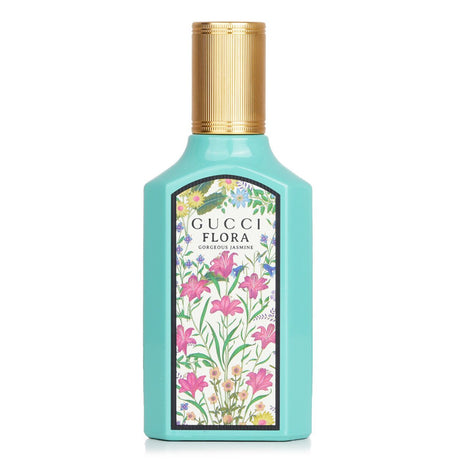 Luxury Gucci Flora Gorgeous Jasmine Eau De Parfum in a 50ml bottle, featuring floral notes and eco-friendly packaging.