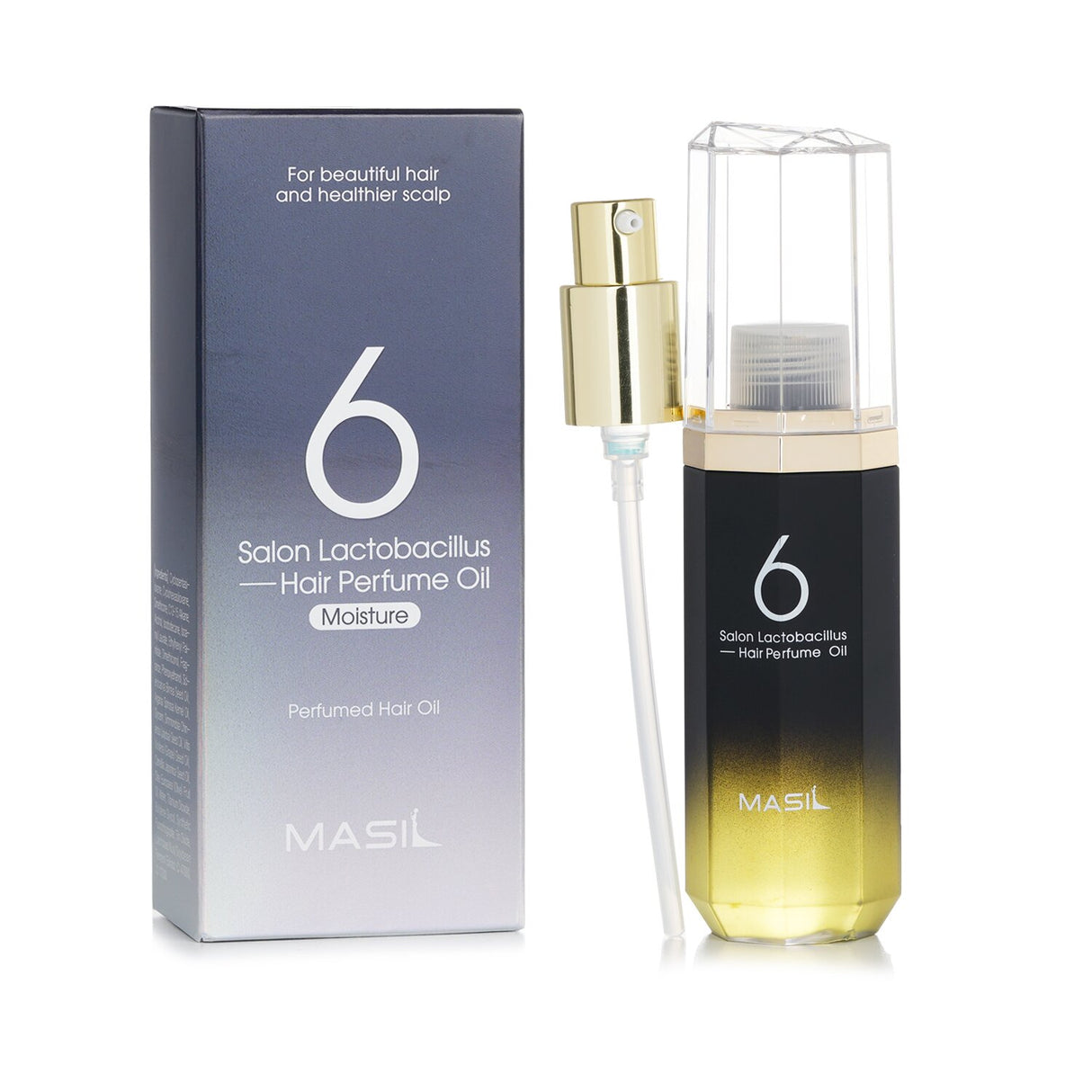 Masil - 6 Salon Lactobacillus Hair Perfume Oil, a lightweight moisturizing oil infused with 6 plant oils for healthy, radiant hair.