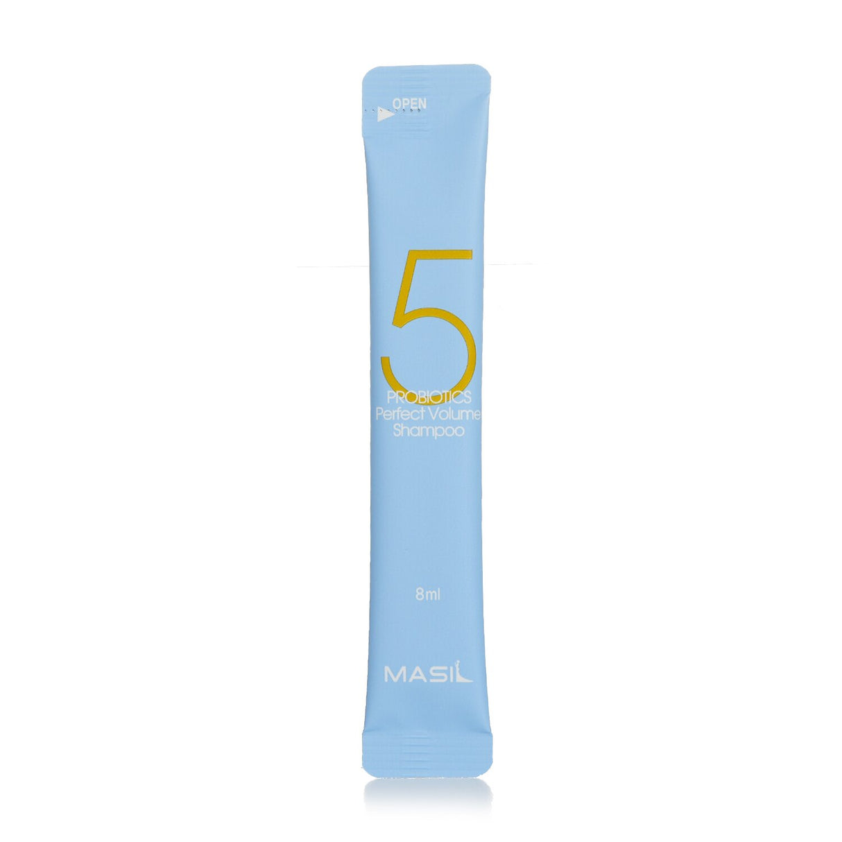 Masil 5 Probiotics Perfect Volume Shampoo in 20x8ml sachets, enhances volume, moisturizes, and strengthens hair for a healthy scalp.