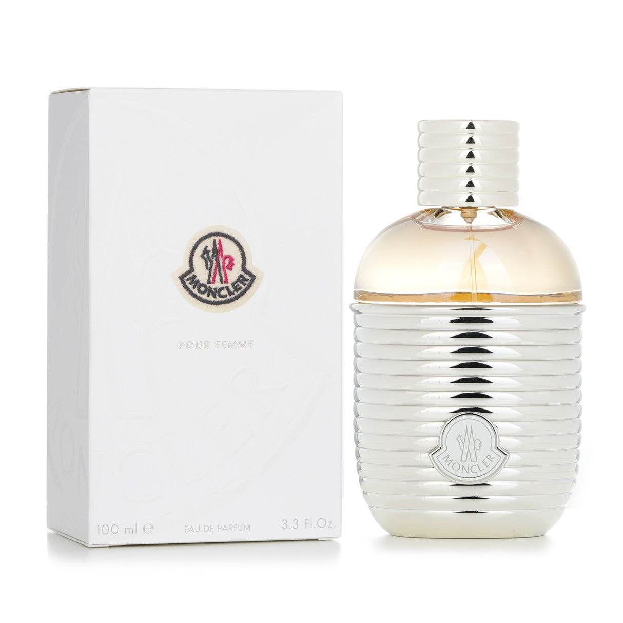 Flask-shaped bottle of Moncler Pour Femme Eau De Parfum, showcasing floral, woody, and musky notes for adventurous women.