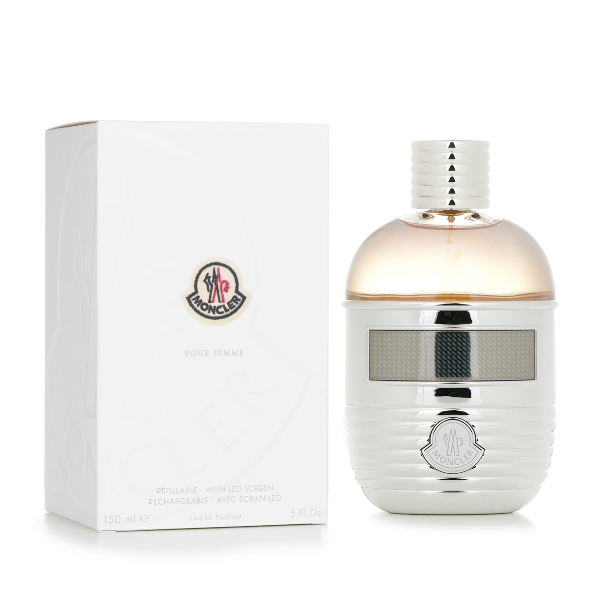 Flask-shaped Moncler Pour Femme Eau De Parfum with an LED screen, featuring floral and woody notes in a 150ml bottle.