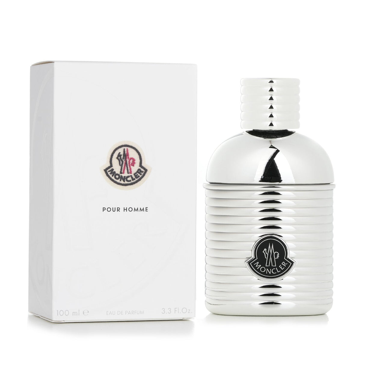 Moncler Pour Homme Eau De Parfum Spray in a sleek flask-shaped bottle, embodying woody and aromatic notes for the modern man.