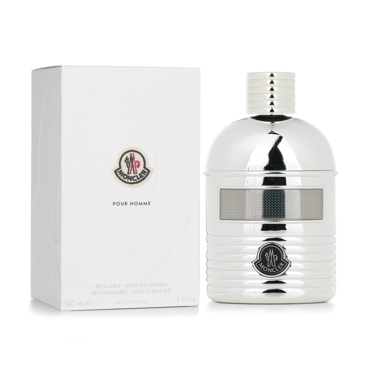 Elegant flask-shaped bottle of Moncler Pour Homme Eau De Parfum with LED screen, showcasing its adventurous scent profile.