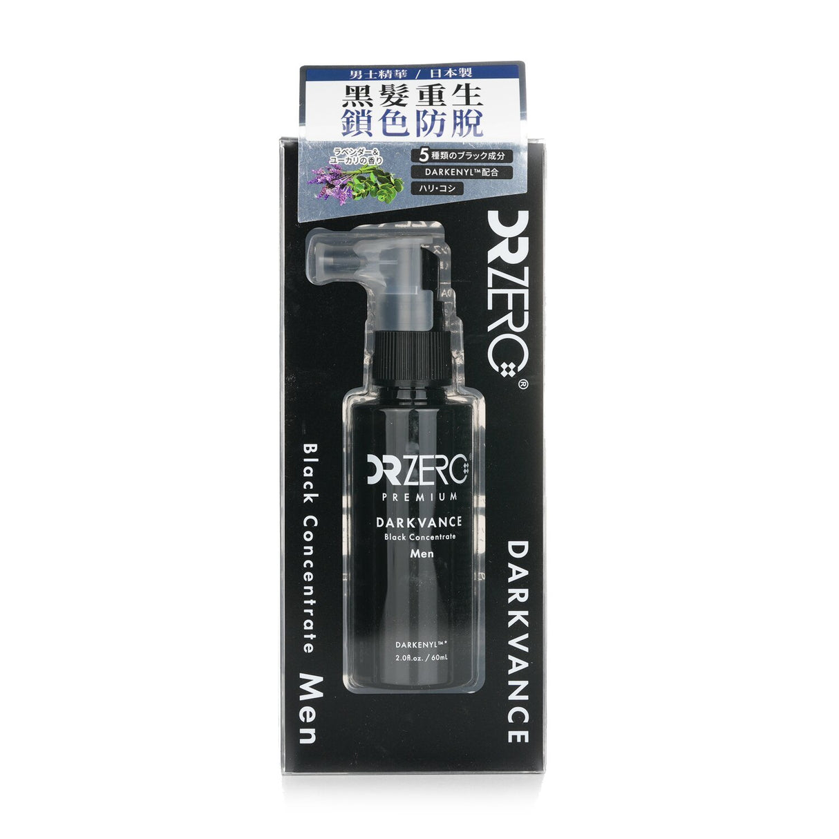 DR ZERO Darkvance Block Concentrate for Men: 60ml anti-gray hair solution with Hematin, invigorating menthol, and natural extracts.