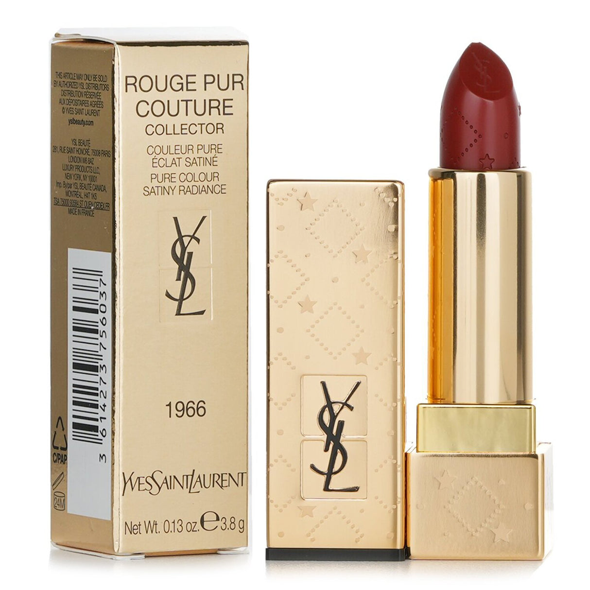 YSL 2022 Limited Edition Rouge Pur Couture Lipstick #1966 in a jewel-like case with golden star design, offering bold satin color.