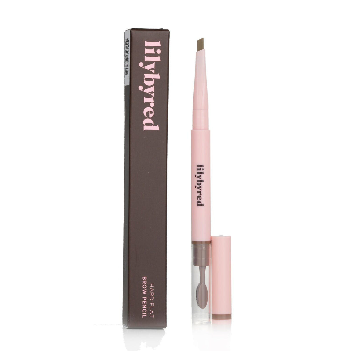 Lilybyred Hard Flat Brow Pencil in Ash Brown with dual-ended design, flat tip, and built-in brush for defined, natural brows.