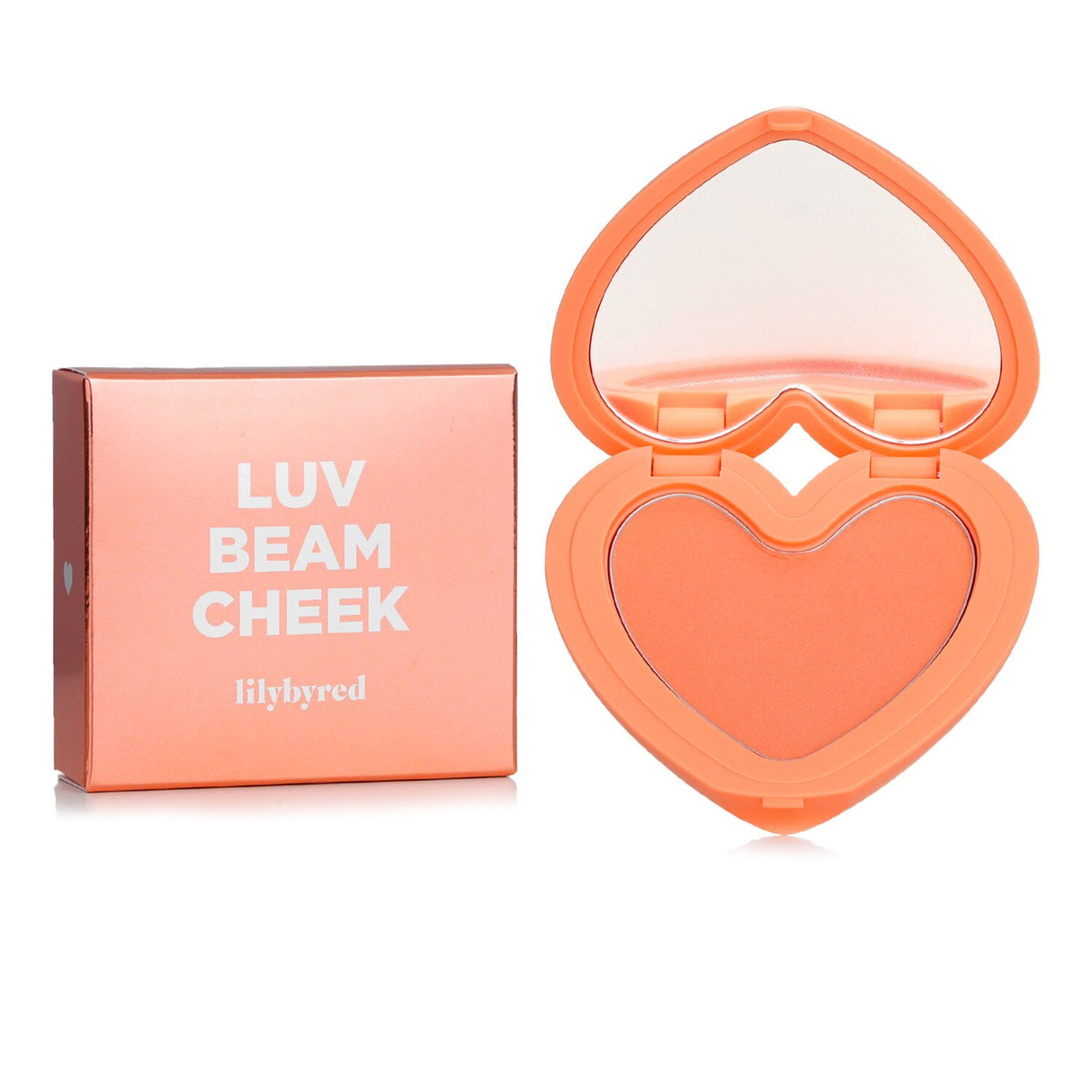 Lilybyred Luv Beam Cheek in #03 Flush Orange, a heart-shaped blush with a coral-orange hue and rose oil for hydration.