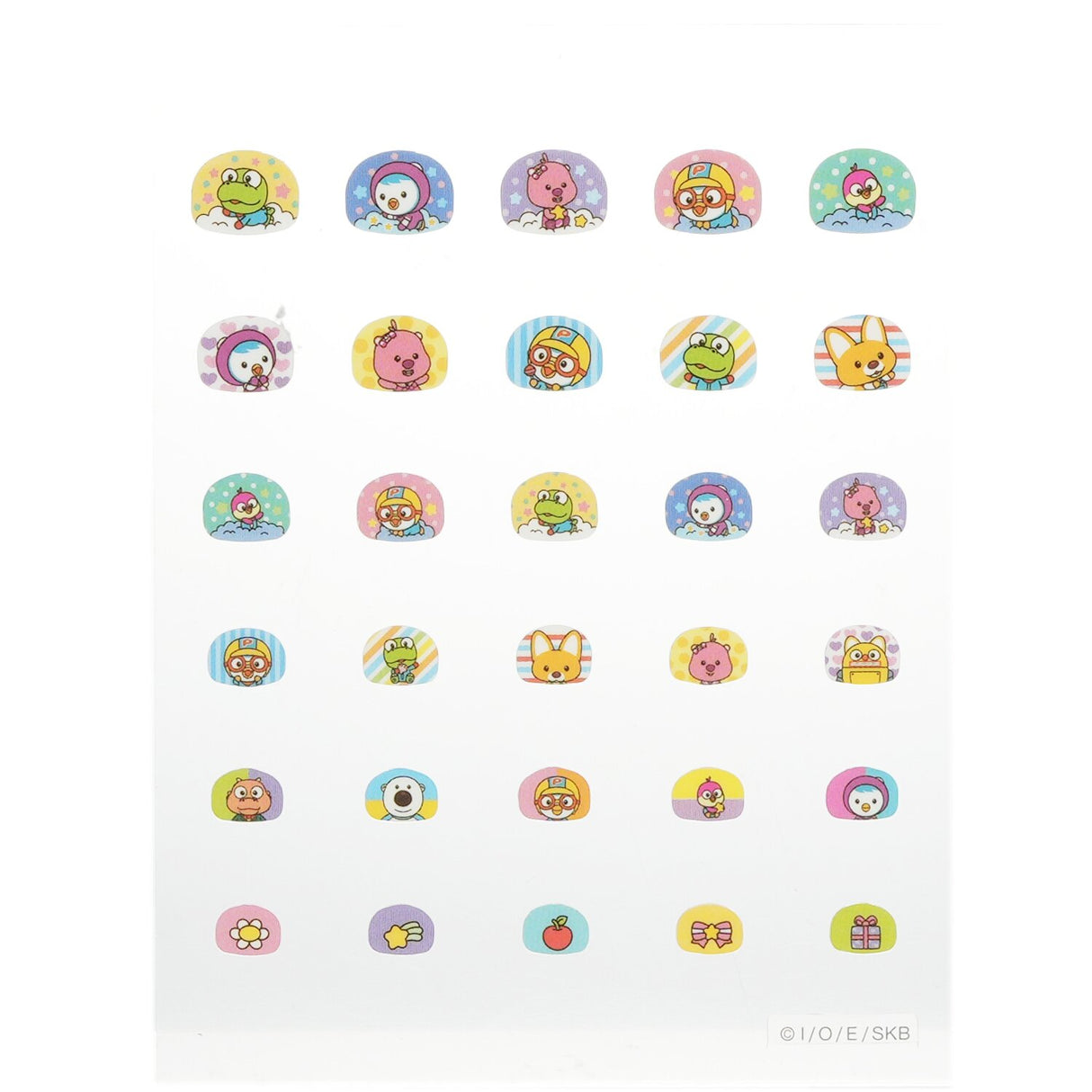 Colorful Pororo nail stickers for kids featuring characters Pororo, Poby, Eddy, and Loppy; perfect for fun nail art and creativity.