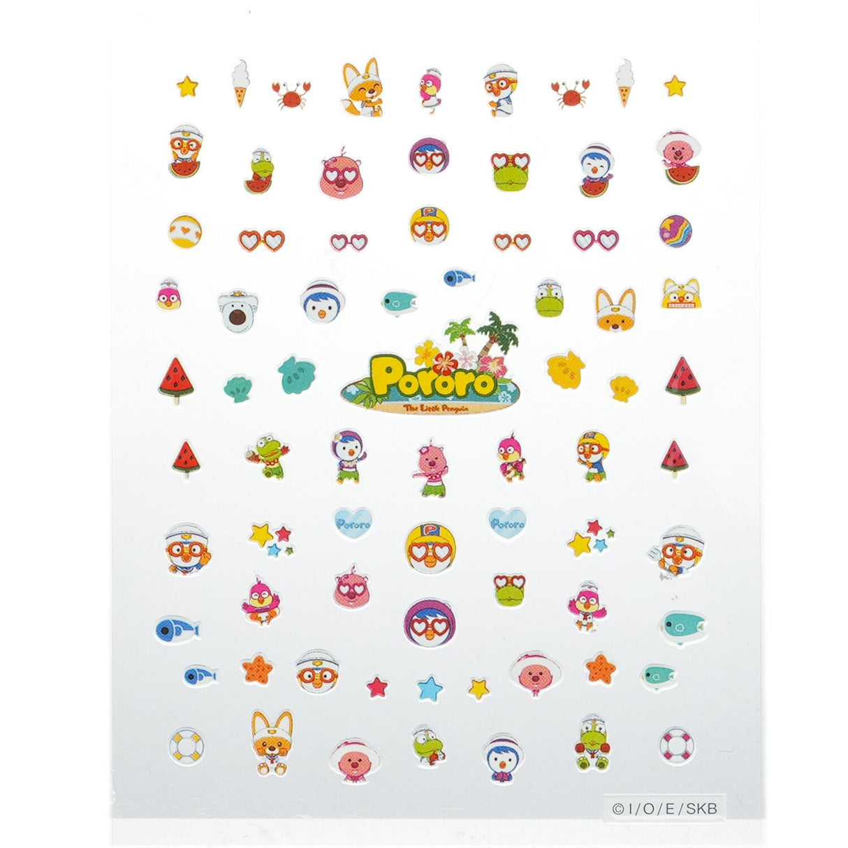 Colorful Pororo nail stickers featuring Pororo and friends, ideal for kids' nail art, enhancing creativity and fine motor skills.