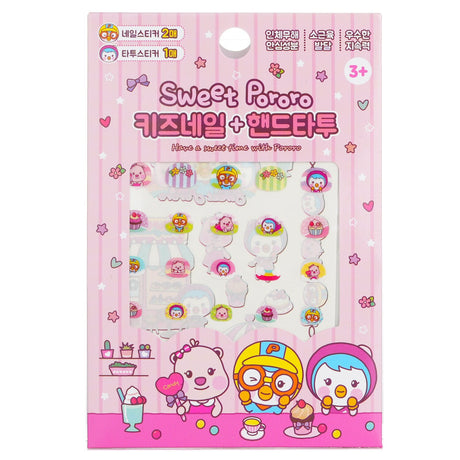 Colorful Pororo nail and hand tattoo set for kids featuring characters from the popular Korean cartoon, safe and easy to apply.