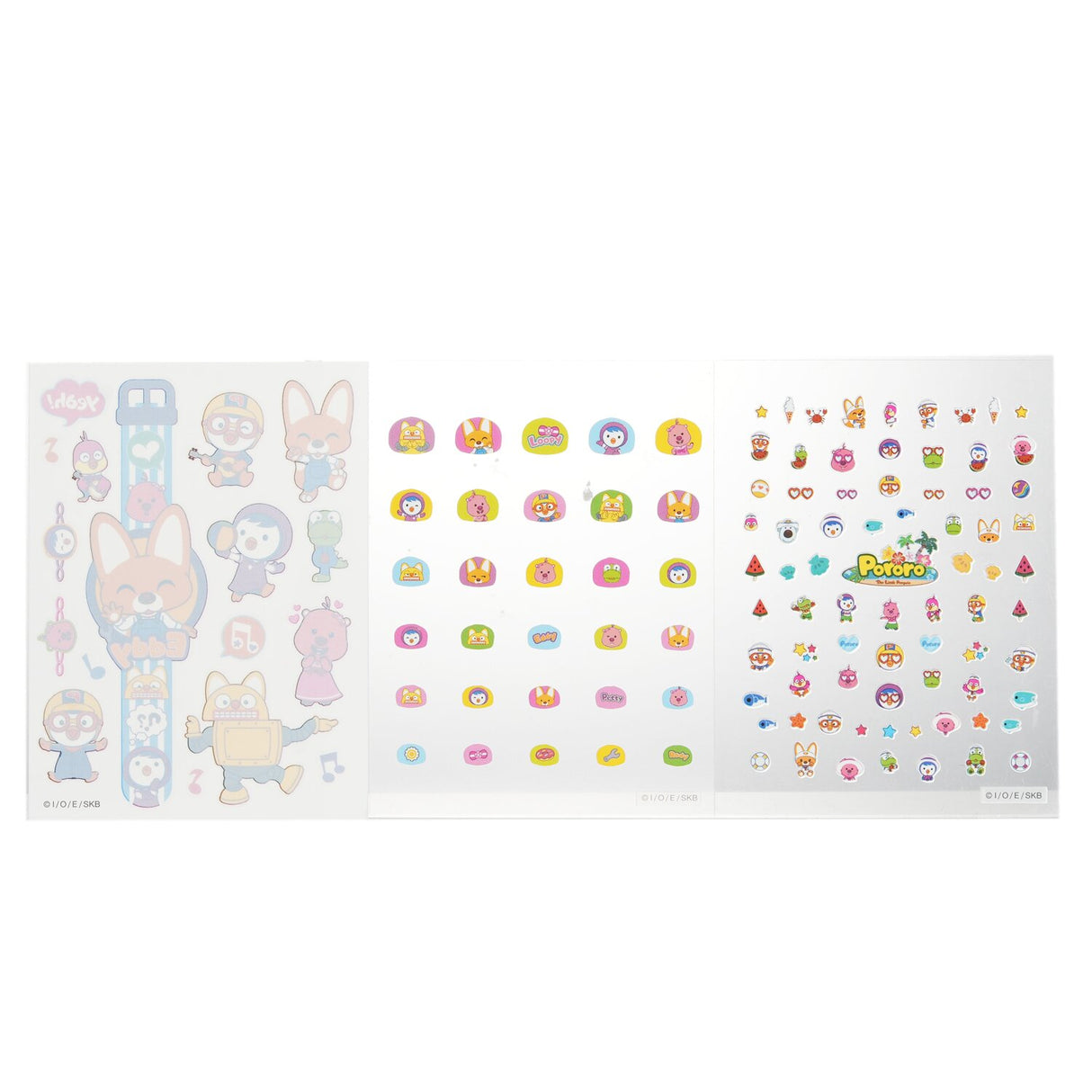 Colorful Pororo nail and hand tattoos featuring Pororo and friends, perfect fun accessory for kids aged 3 and up.