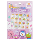 Colorful Pororo nail and hand tattoos featuring Pororo, Poby, Eddy, and Loppy, perfect for kids' fun makeovers.