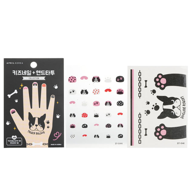 Colorful nail and hand stickers for kids featuring cute designs like a French bulldog and princess, promoting creativity and fun.