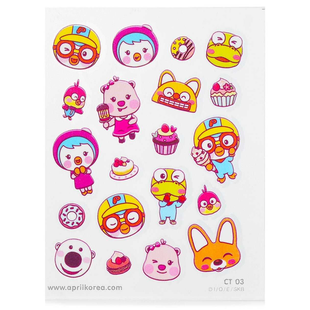 Colorful Pororo body stickers featuring Pororo, Poby, Eddy, and Loppy; safe, removable fun for kids aged 3 and up.