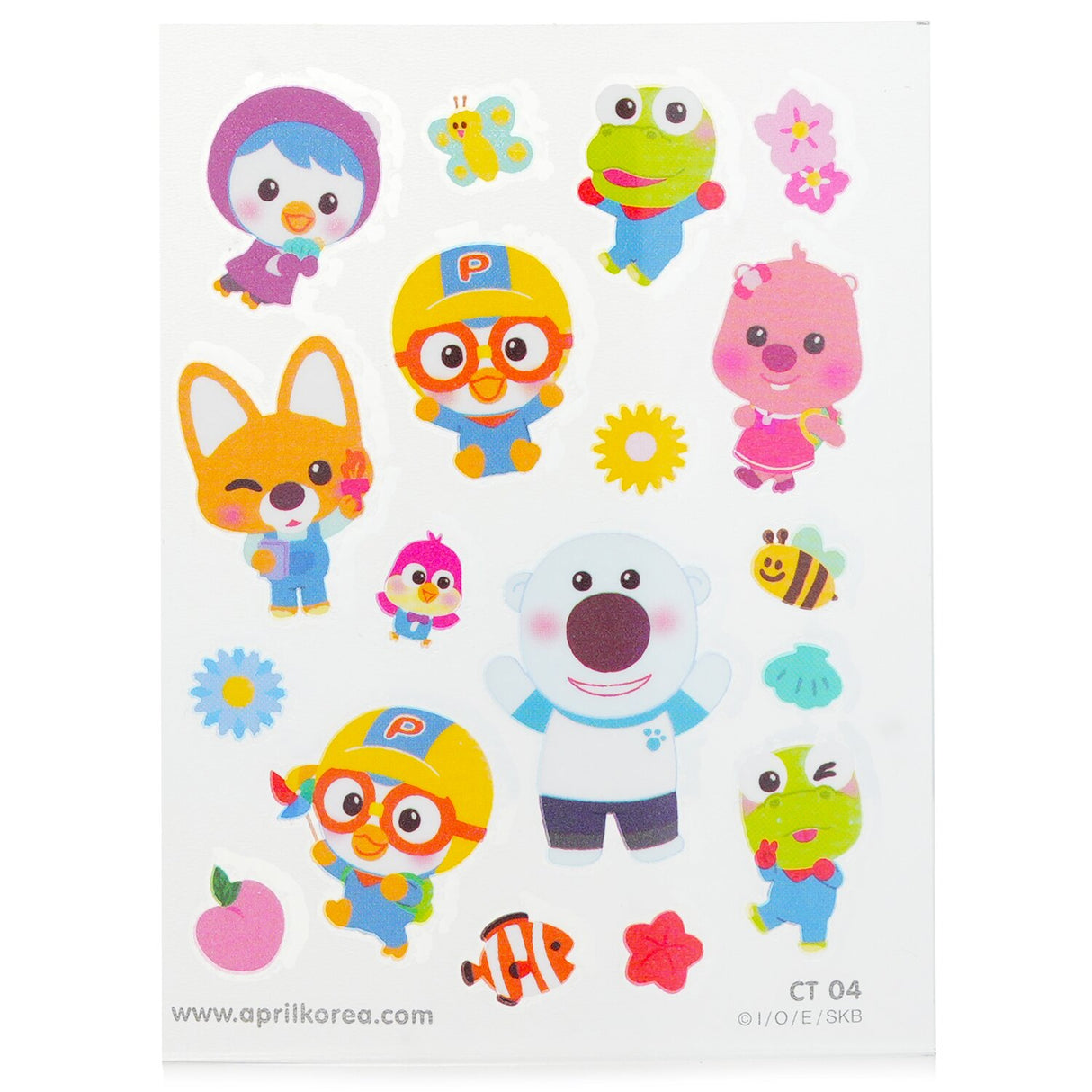 Colorful Pororo body sticker featuring characters like Pororo, Poby, Eddy, and Loppy, perfect for kids aged 3 and up.