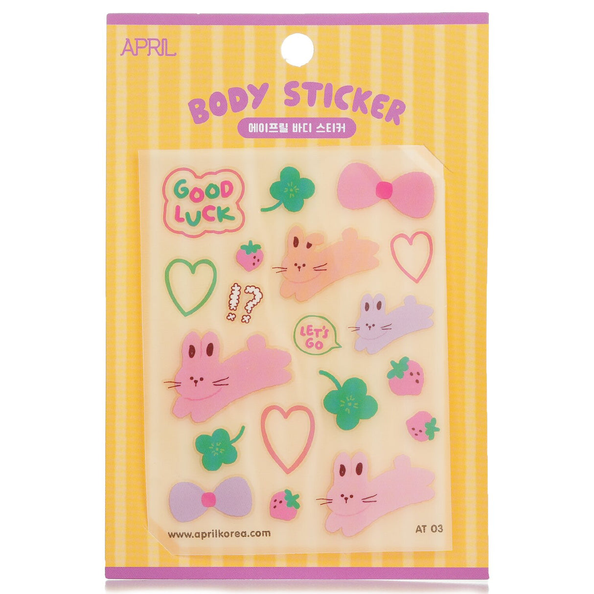 Adorable April Korea body sticker featuring fruity shapes, rabbits, dinosaurs, and unicorns for kids' creative fun.