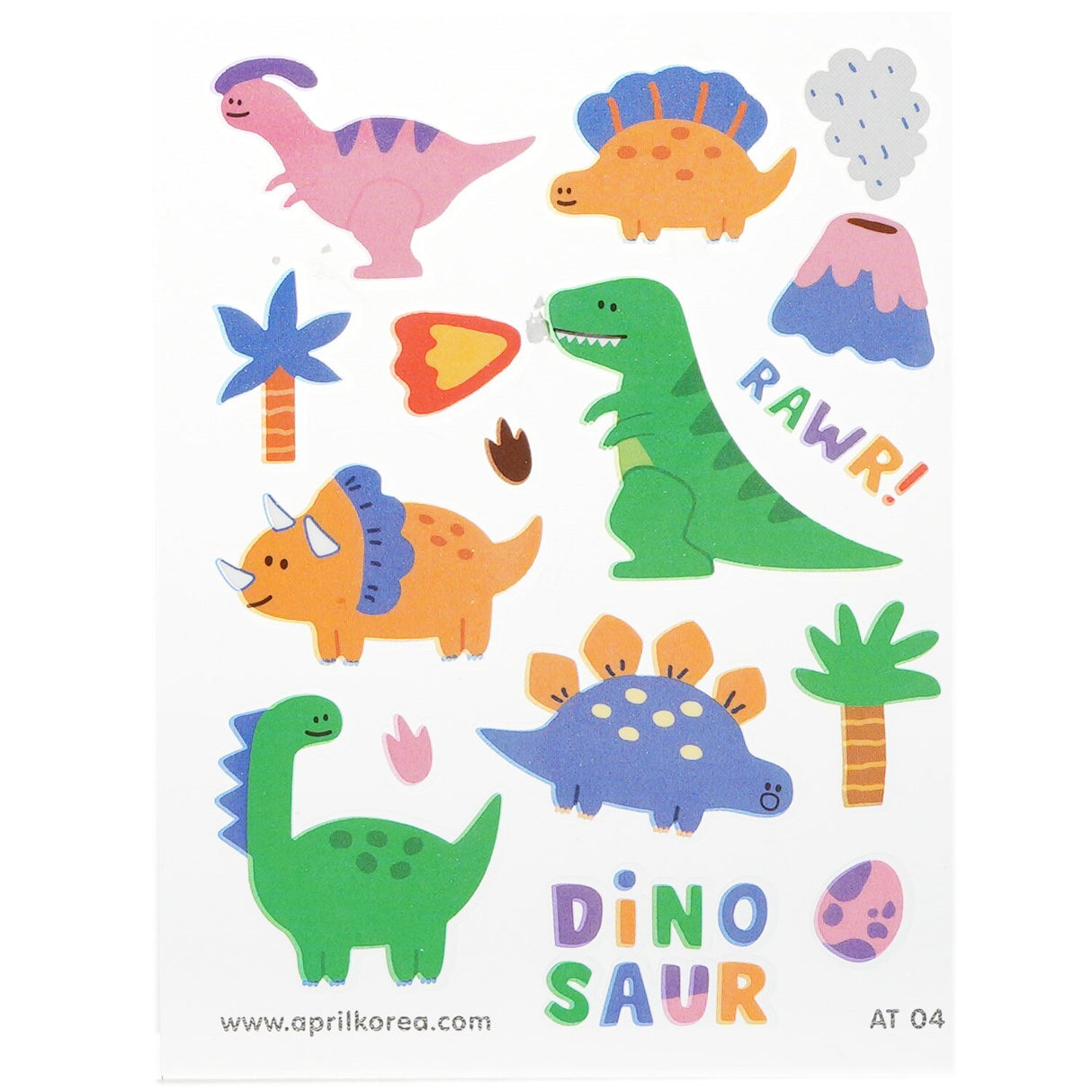 Colorful April Korea Body Sticker #AT 04 featuring fruits, rabbits, dinosaurs, and unicorns, perfect for kids' fun and creativity.