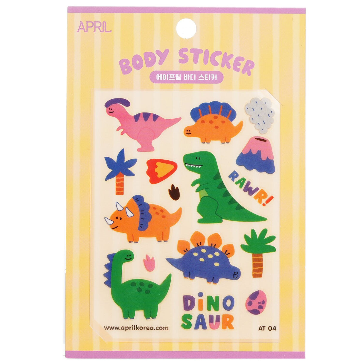 Colorful April Korea body sticker featuring fruits, rabbits, dinosaurs, and unicorns, perfect for kids' crafts and fun activities.