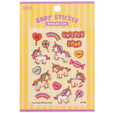 Colorful April Korea body sticker for kids featuring fun fruit, rabbit, dinosaur, and unicorn designs, easy to apply and safe.