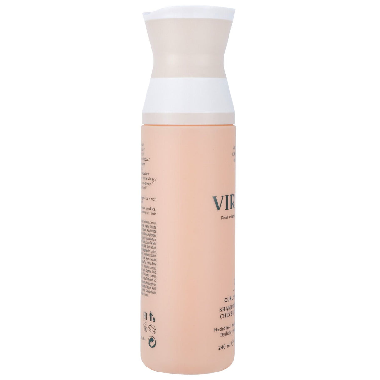 "240ml Virtue Curl Shampoo, designed for hydration and curl definition, free from harmful chemicals, with a fresh citrus scent."