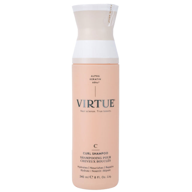 Virtue Curl Shampoo: Hydrating formula for curly hair, rich in Alpha Keratin 60ku®, with a fresh kumquat and grapefruit scent.