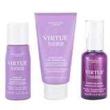 Virtue Flourish Hair Rejuvenation Treatment Set, three products for thinning hair: shampoo, conditioner, and density booster.