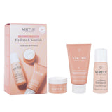 Three-piece Virtue Hydrate & Nourish Set for curly hair: includes Curl Shampoo, Conditioner, and Leave-In Butter for hydration.