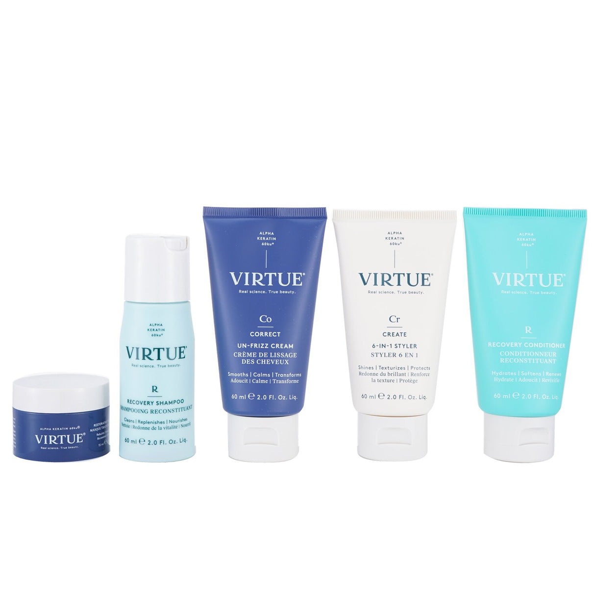 Virtue Mini Must-Haves Set includes 5 travel-sized hair care essentials for healthier, shinier, and more manageable hair.