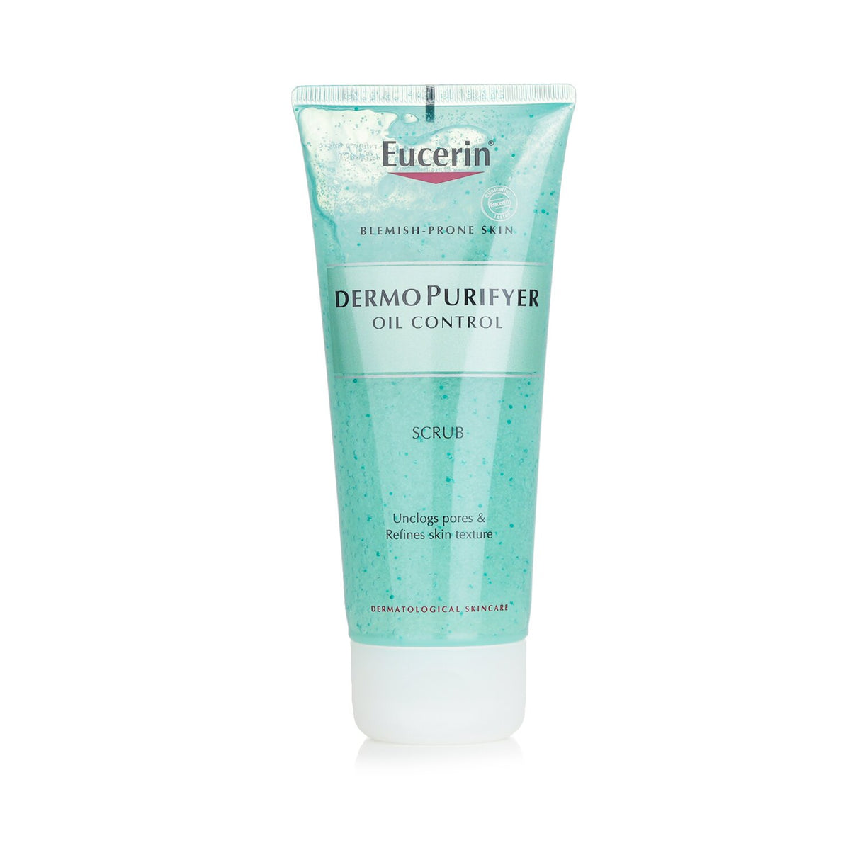 Eucerin Dermo Purifyer Oil Control Scrub: 100ml exfoliating scrub for oily skin, featuring Lactic Acid and micro-particles for clear pores.