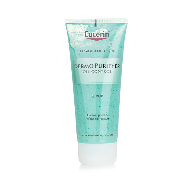 Eucerin Dermo Purifyer Oil Control Scrub: 100ml exfoliating scrub for oily skin, featuring Lactic Acid and micro-particles for clear pores.