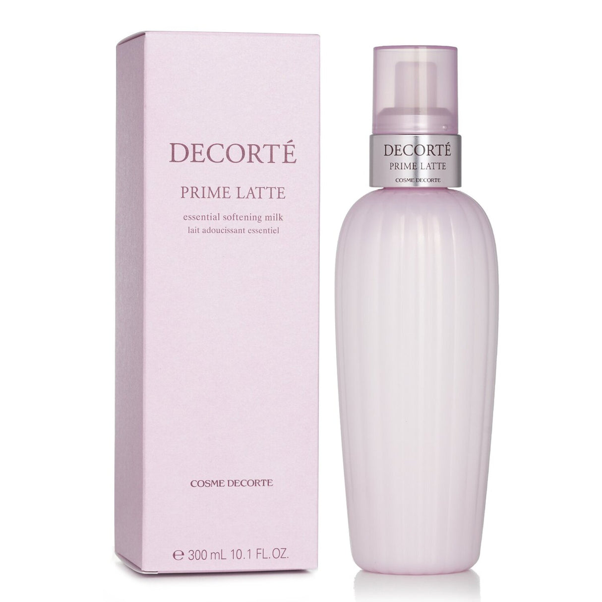 Cosme Decorte Prime Latte Essential Softening Milk in a 300ml bottle, formulated for deep hydration and radiant skin glow.