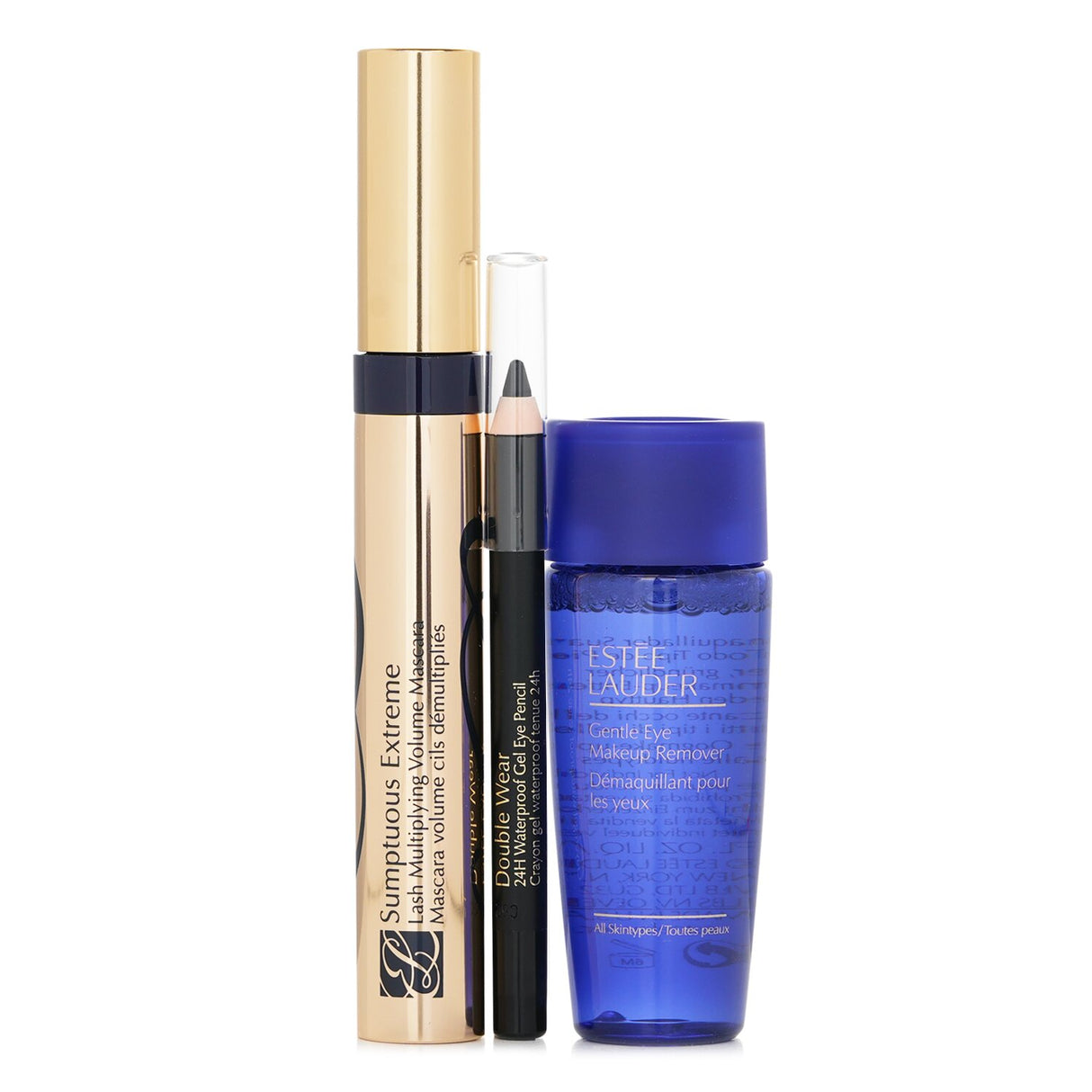 Estee Lauder Sumptuous Extreme Mascara Set featuring volumizing mascara, waterproof gel eye pencil, and gentle makeup remover.