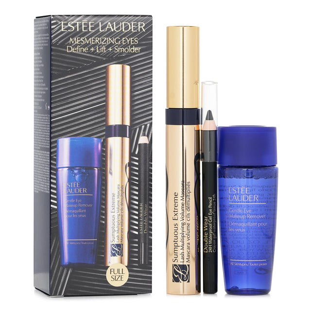 Estee Lauder Sumptuous Extreme Mascara Set featuring volumizing mascara, waterproof eye pencil, and gentle makeup remover for stunning eyes.