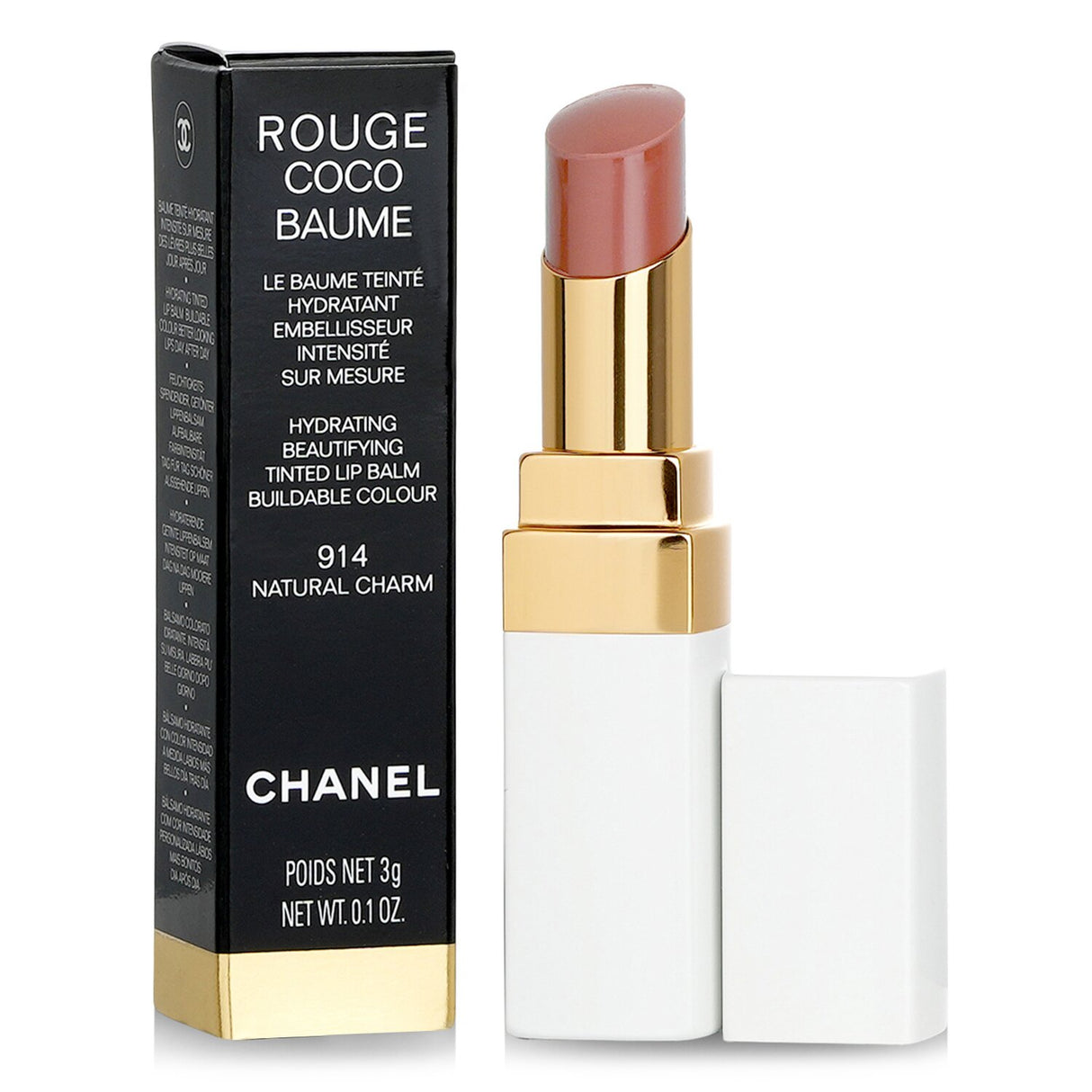 Chanel Rouge Coco Baume tinted lip balm #914 in a chic white and gold package, offering hydration and customizable color.