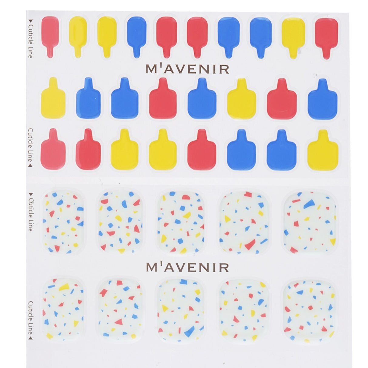 Assorted Mavenir nail stickers featuring vibrant designs for a salon-quality pedi, safe and easy to apply at home.