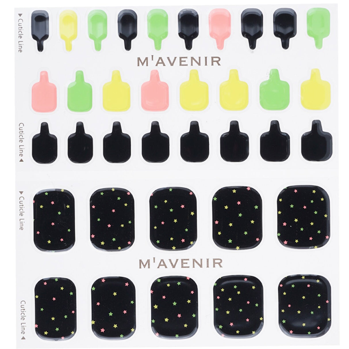 Black Mavenir nail stickers featuring neon star designs, perfect for salon-quality nail art at home, 36 pieces in total.