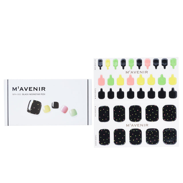 Mavenir Black Neonstar Pedi nail stickers, 36pcs, offer salon-quality, radiant designs for effortless, stylish nails at home.